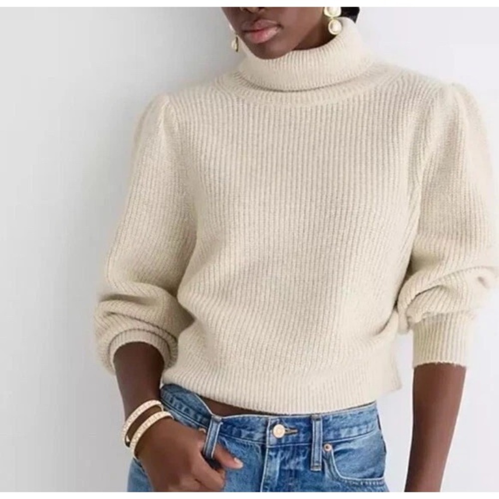 J Crew Womens Beige Cropped Puff‎ Sleeve Turtleneck Sweater Alpaca Cozy Preppy L